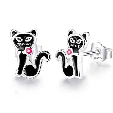 Kids Silver Black Cat Kitty Stud Earrings 30700007