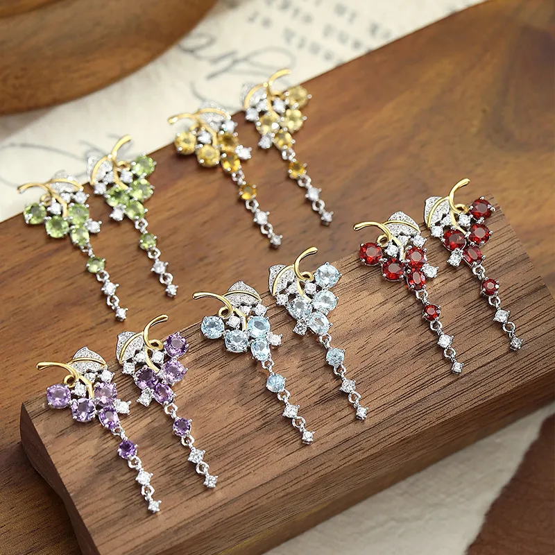 925 Sterling Silver Natural Crystal Leaf Tassel Stud Earring 40100003 - image1