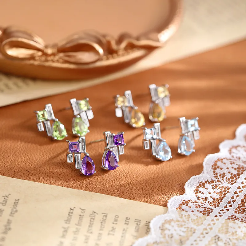925 Sterling Silver Natural Gemstone Stud Earrings 40100008 - image1