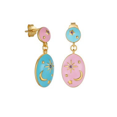 Silver Enamel Cubic Zirconia Star Moon Stud Earring 40200077