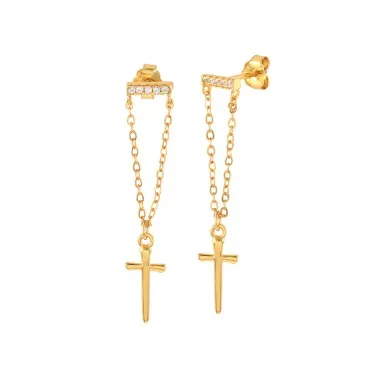 Cross Tassel Chain Zirconia Silver Sterling Stud Earring 40200080