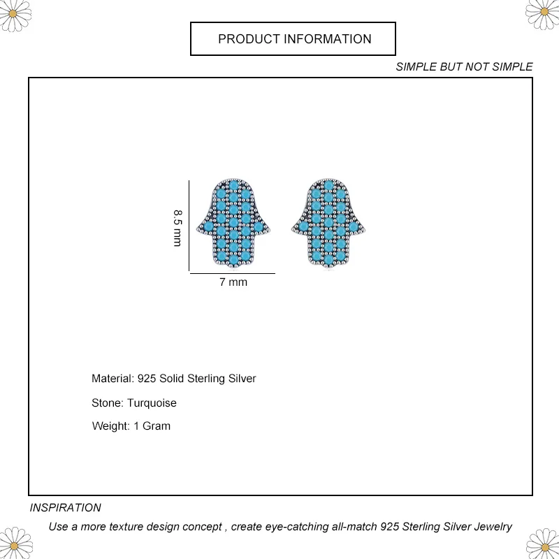 925 Sterling Silver Turquoise Fatima Hand Stud Earring 40200108 - image1