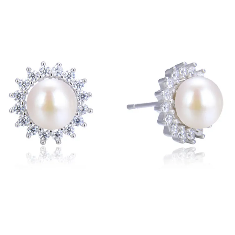 Elegant Pearl Zirconia Flower Stud Earrings 40200229