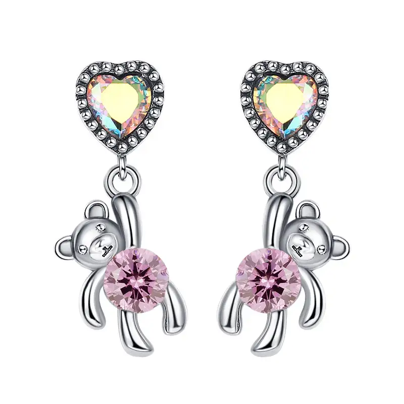 Zirconia Bears Heart Charm Stud Earring 40200243