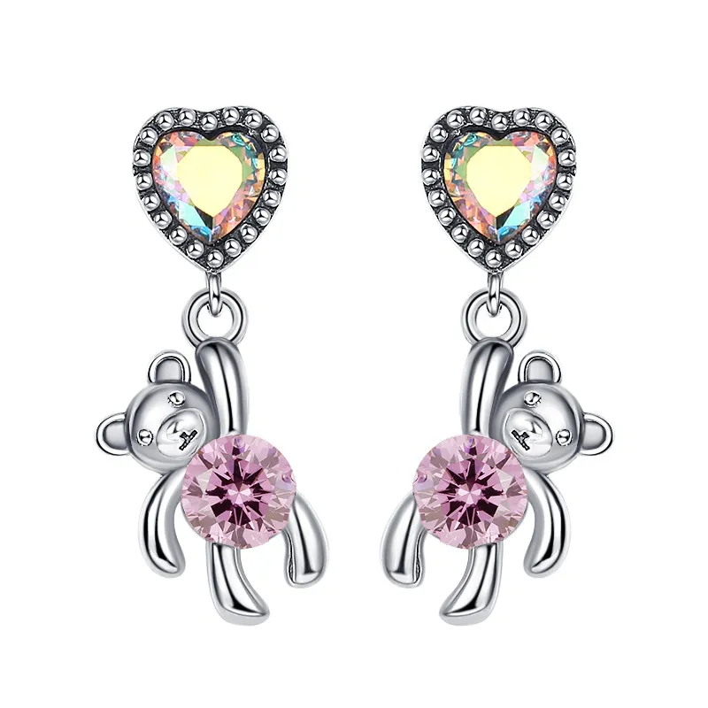 Zirconia Bears Heart Charm Stud Earring 40200243