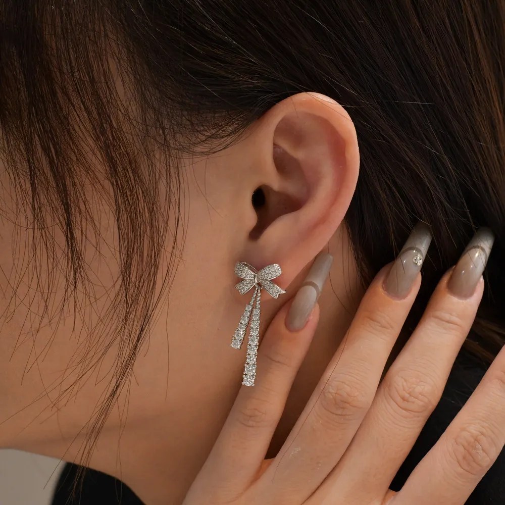 Sparkle Zirconia Bow Tassel Stud Earring 40200263 - image2