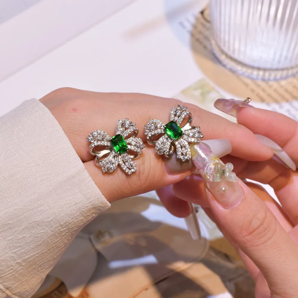Luxury Emerald Zirconia Bow Stud Earring 40200264 - image2