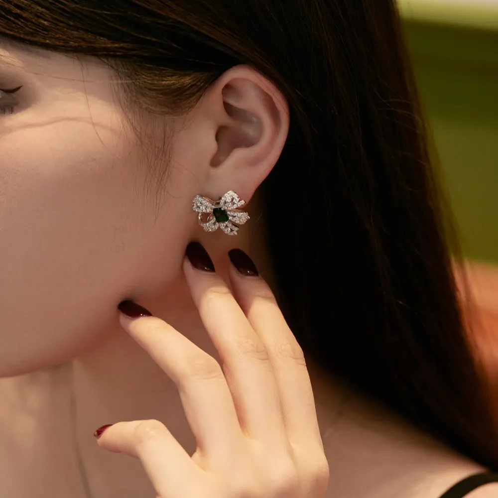 Luxury Emerald Zirconia Bow Party Stud Earrings 40200372 - image1