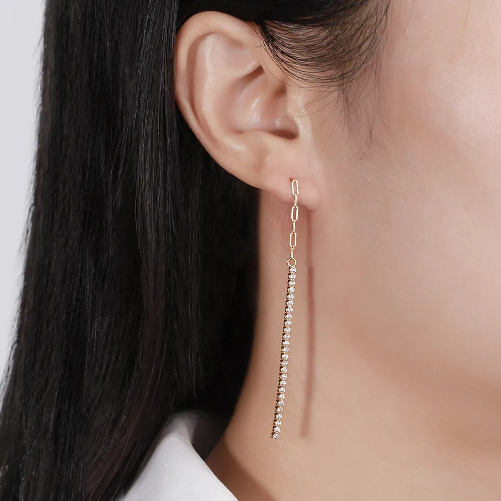 S925 Linked Chain Zirconia Tassel Stud Earring 40200522 - image1