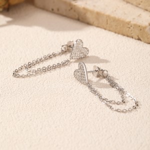 S925 Zirconia Heart Tassel Stud Earring 40200534