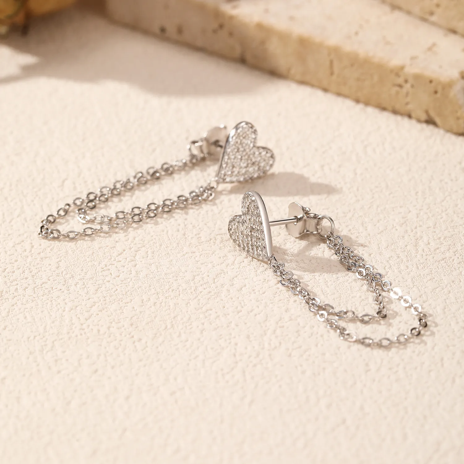 S925 Zirconia Heart Tassel Stud Earring 40200534 - image2