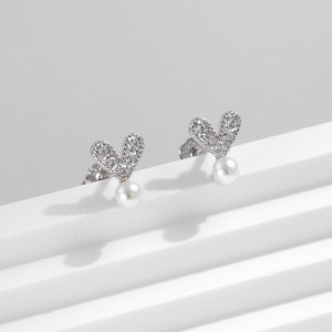 925 Sterling Silver Zirconia Heart Pearl Stud Earring 40200540
