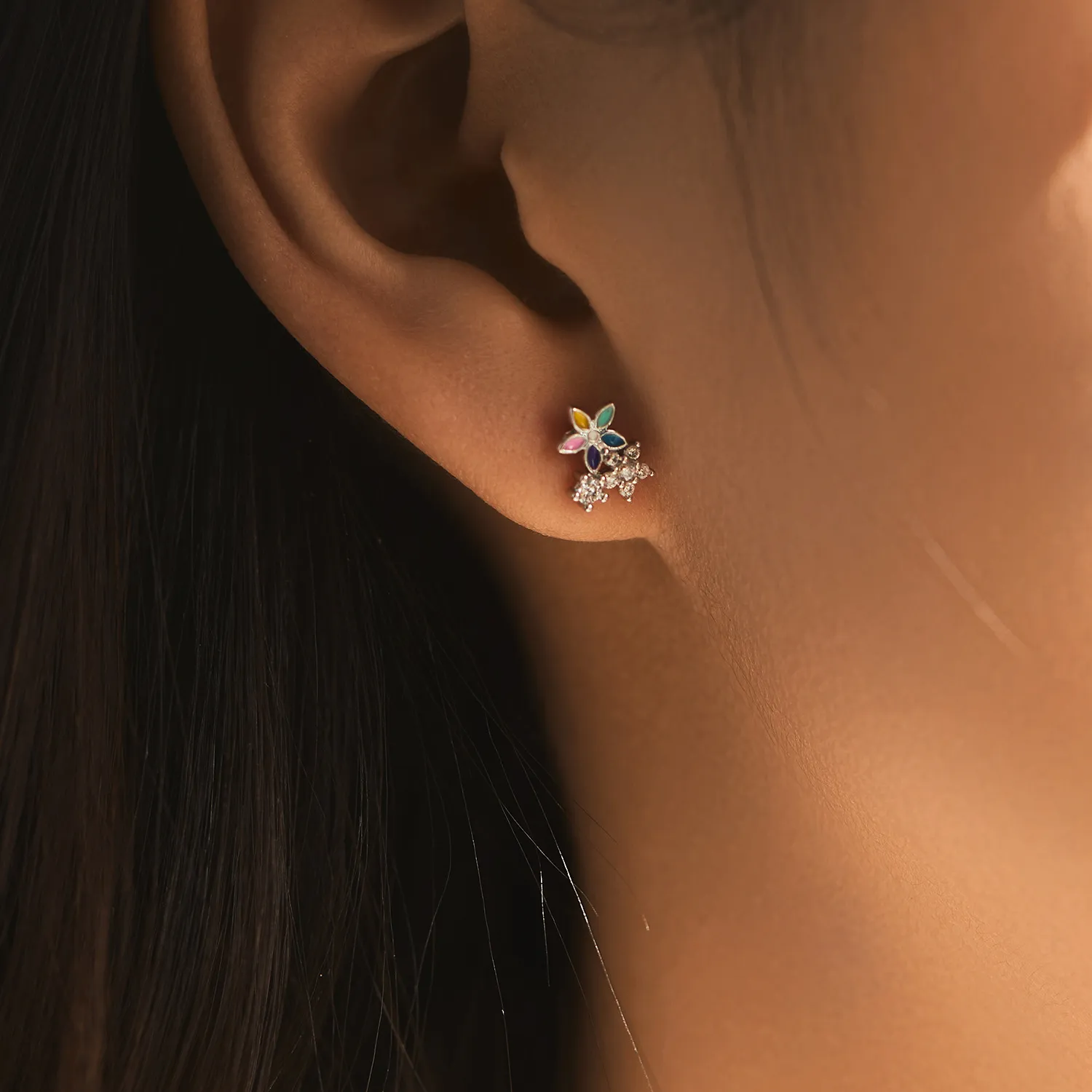 925 Sterling Silver Colorful Zirconia Flower Stud Earring 40200542 - image1