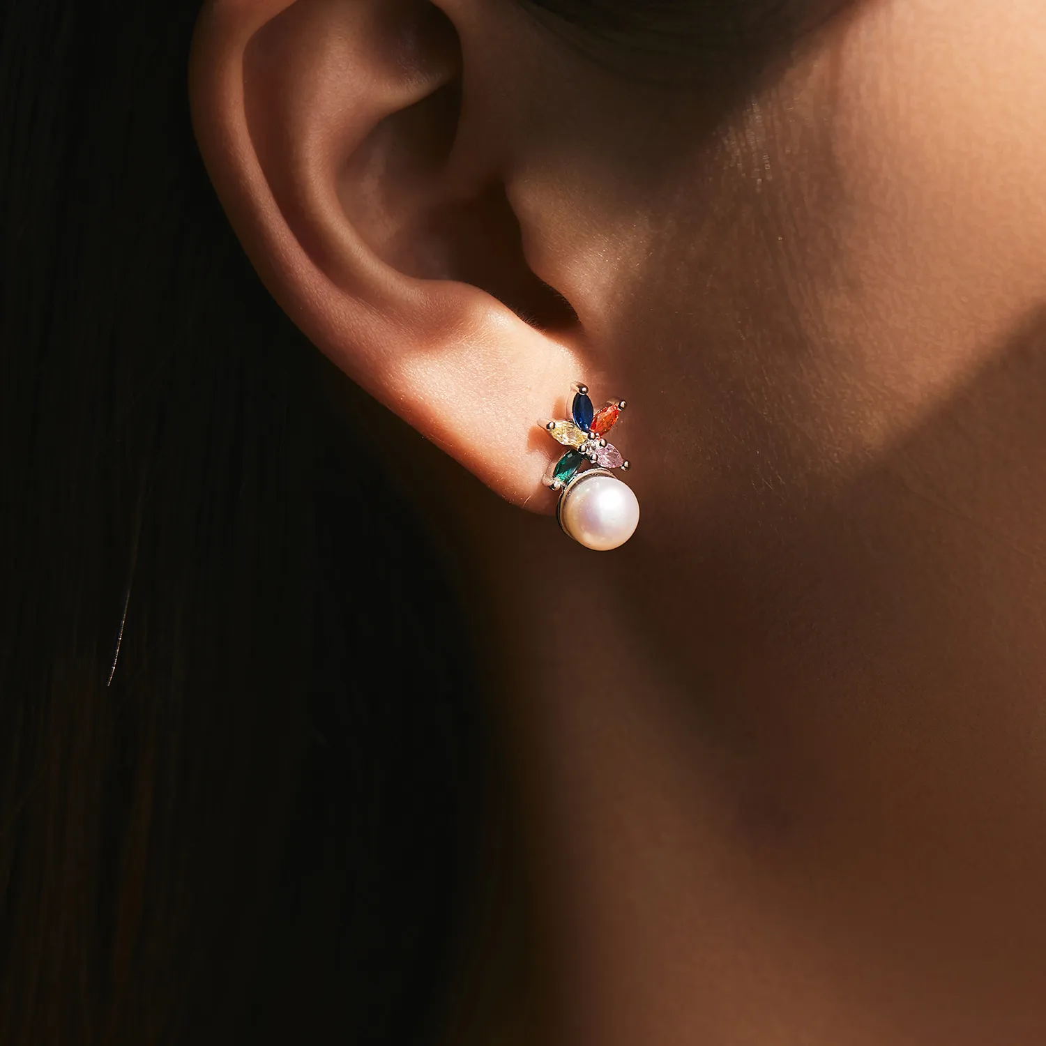 925 Sterling Silver Colorful Zirconia Flower Pearl Stud Earring 40200545 - image1