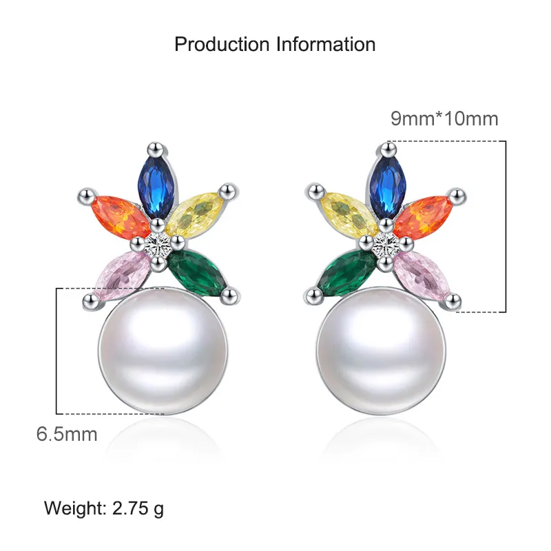 925 Sterling Silver Colorful Zirconia Flower Pearl Stud Earring 40200545 - image2
