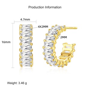 925 Sterling Silver Rectangle Zirconia Stud Hoop Earring 40200550