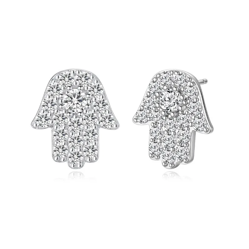 925 Sterling Silver CZ Hamsa Hand Evil Eye Protection Earrings 40200560