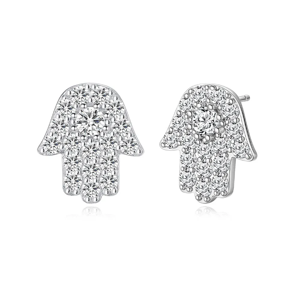 925 Sterling Silver CZ Hamsa Hand Evil Eye Protection Earrings 40200560