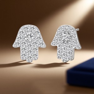 925 Sterling Silver CZ Hamsa Hand Evil Eye Protection Earrings 40200560