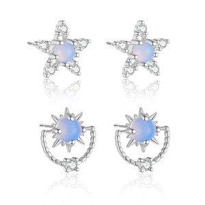 925 Sterling Silver Moon Star Zircon Stud Earring 40200561