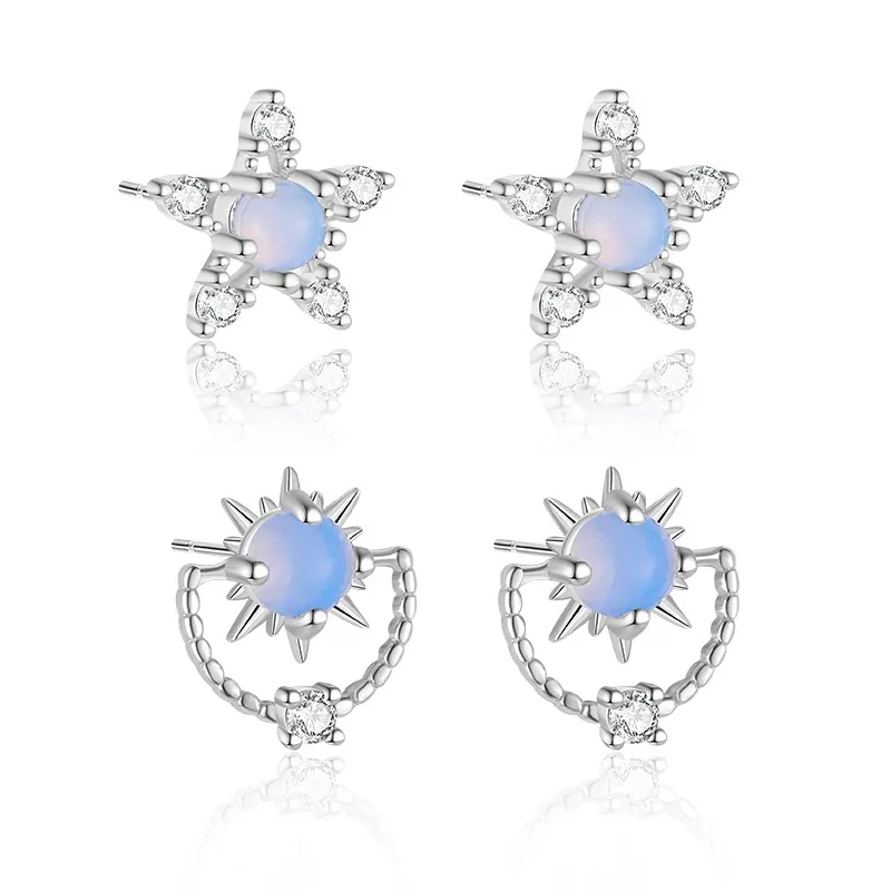 925 Sterling Silver Moon Star Zircon Stud Earring 40200561