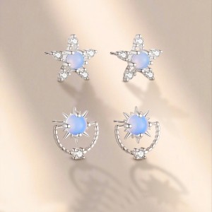 925 Sterling Silver Moon Star Zircon Stud Earring 40200561