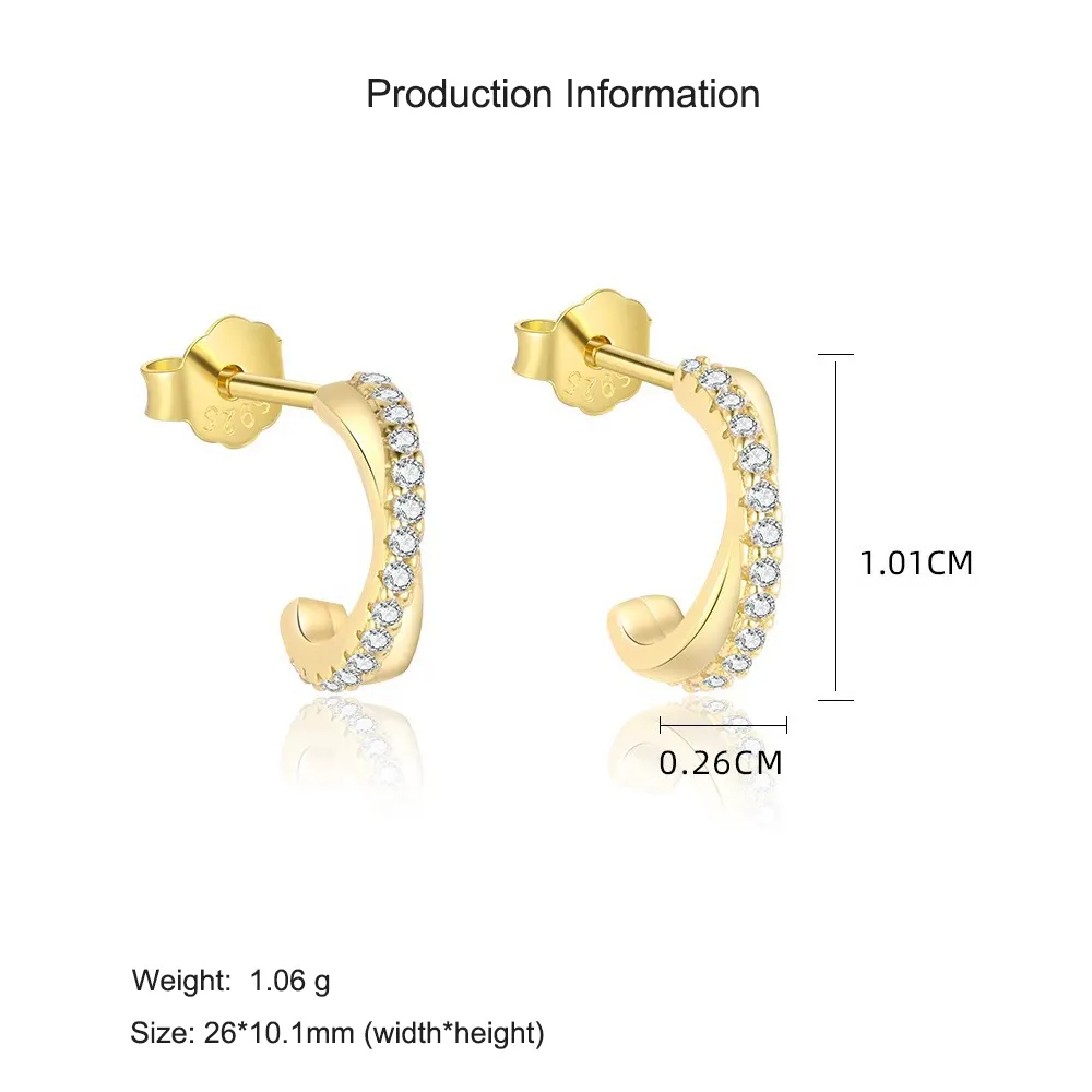 925 Sterling Silver Gold-Plated C-Shaped Zircon Earring 40200562 - image2