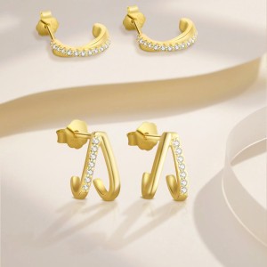 925 Sterling Silver Gold-Plated C-Shaped Zircon Earring 40200562