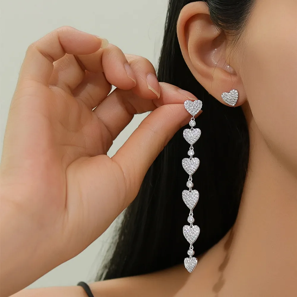 925 Sterling Silver Asymmetric Heart Tassel Stud Earring 40200565 - image1
