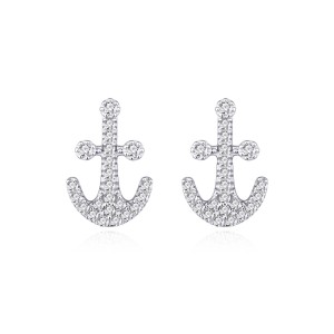 925 Sterling Silver Nautical Anchor Zircon Stud Earring 40200566