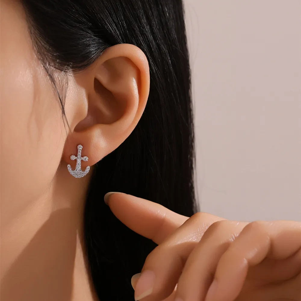 925 Sterling Silver Nautical Anchor Zircon Stud Earring 40200566 - image1