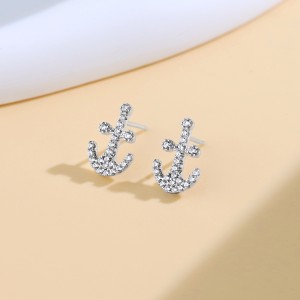 925 Sterling Silver Nautical Anchor Zircon Stud Earring 40200566
