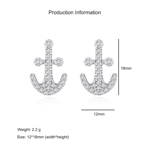 925 Sterling Silver Nautical Anchor Zircon Stud Earring 40200566