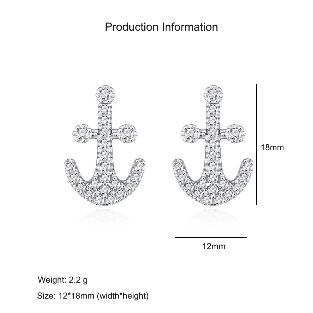 925 Sterling Silver Nautical Anchor Zircon Stud Earring 40200566 - image2