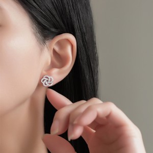 925 Sterling Silver Camellia Pave Zircon Stud Earring 40200568