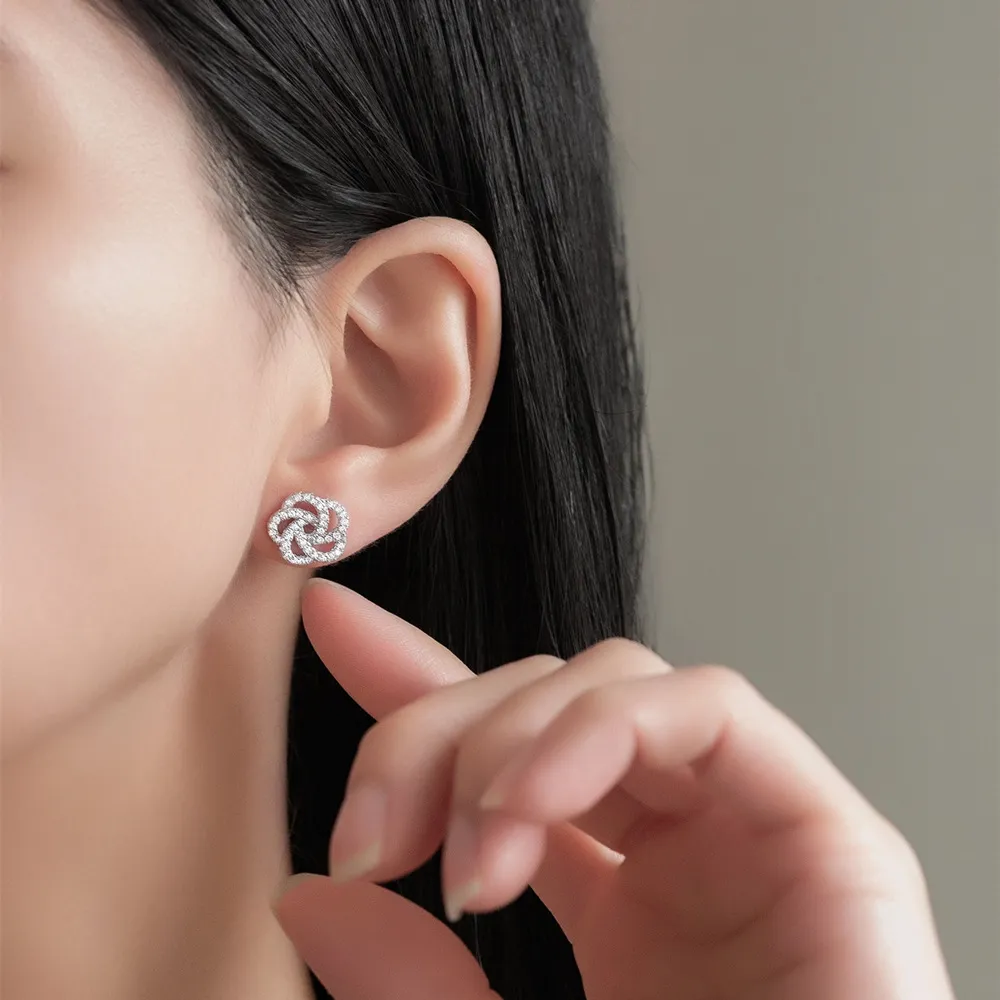 925 Sterling Silver Camellia Pave Zircon Stud Earring 40200568 - image1