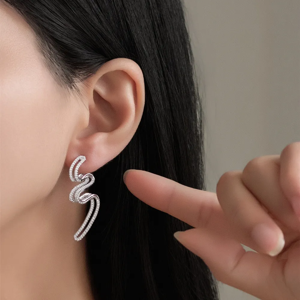 925 Sterling Silver Wave Curve Zircon Earring 40200580 - image1