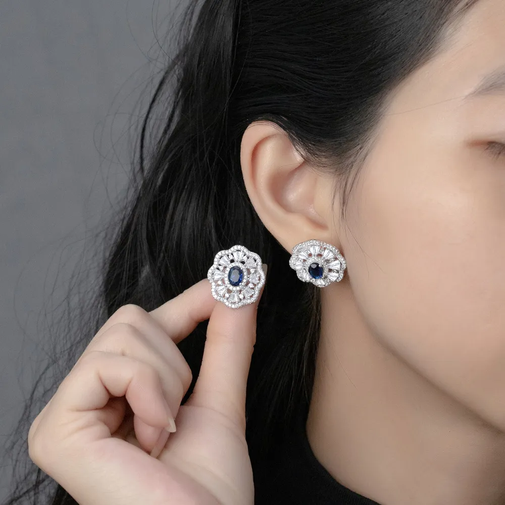 925 Sterling Silver Sapphire Flower Stud Earring 40200594 - image1