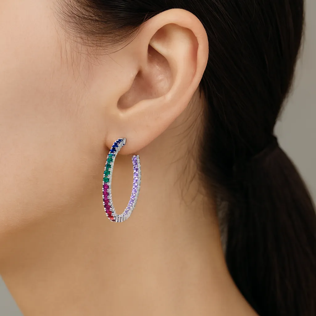 925 Sterling Silver Rainbow Zircon Hoop Earring 40200599 - image1