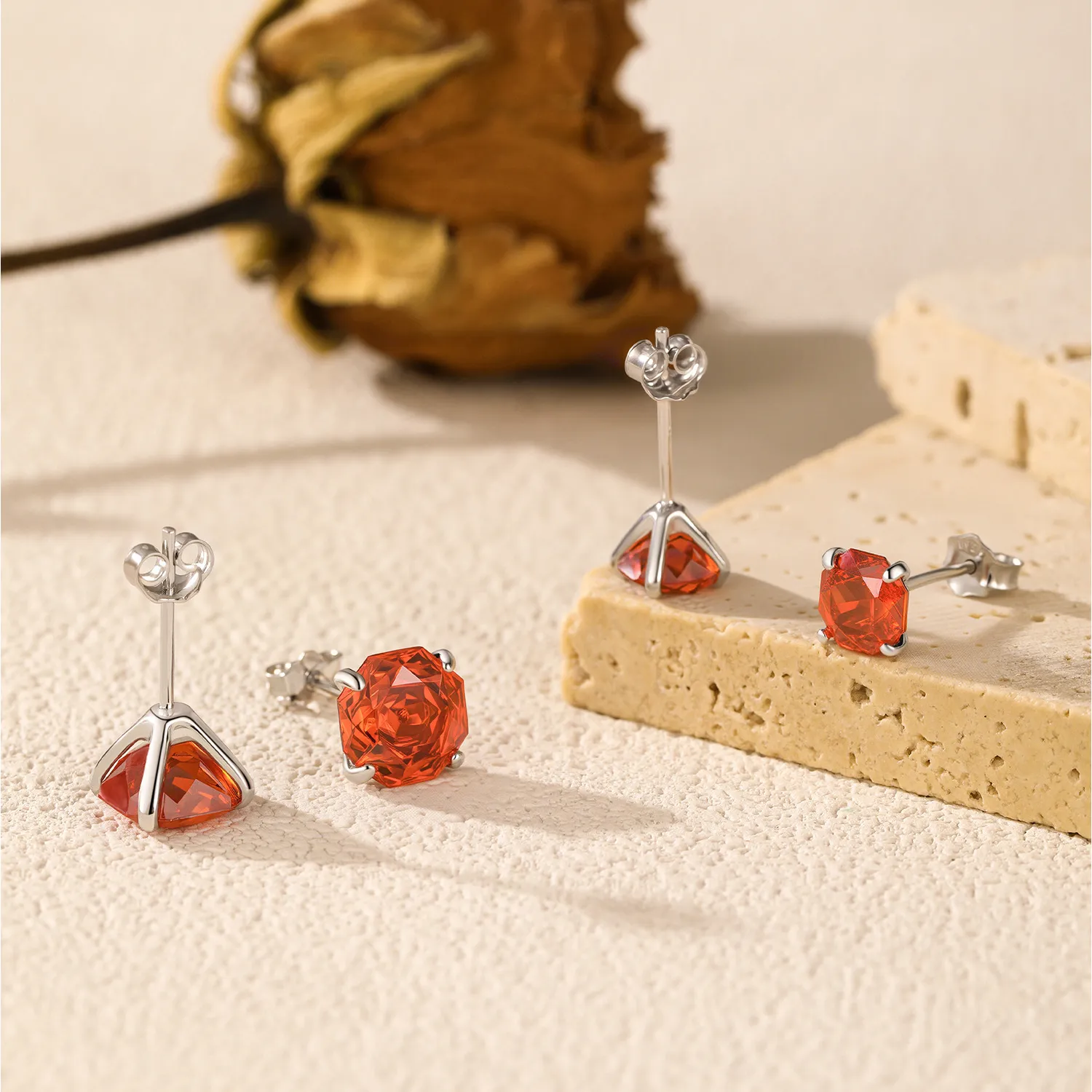 925 Sterling Silver Red Octagon Rose Cut Stud Earring 40200611 - image3