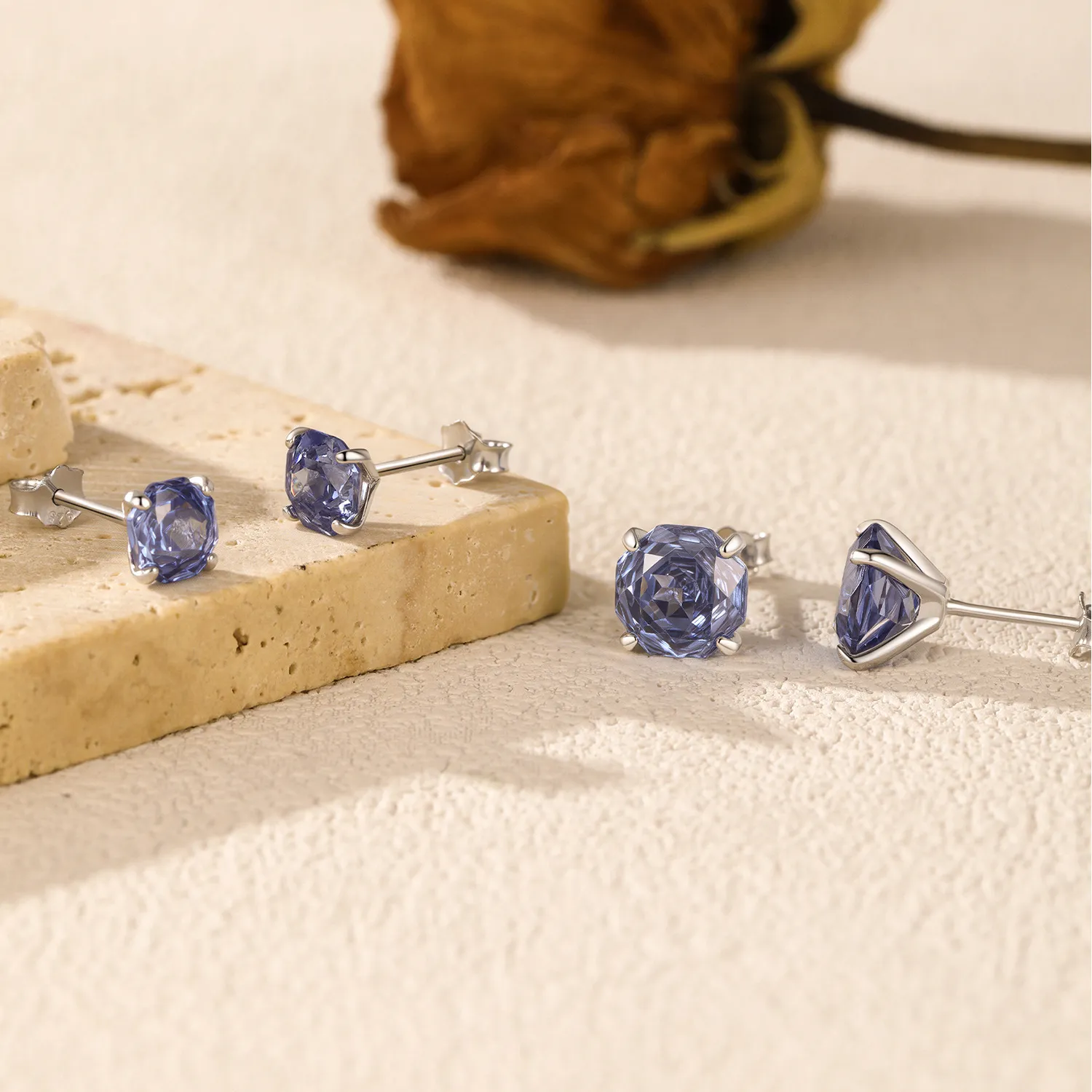 925 Sterling Silver Tanzanite Blue Octagon Rose Cut Stud Earring 40200615 - image3