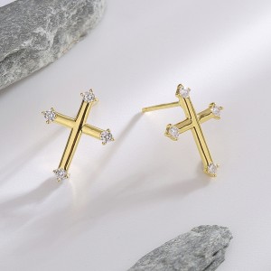 925 Sterling Silver Cross Zircon Stud Earring 40200620