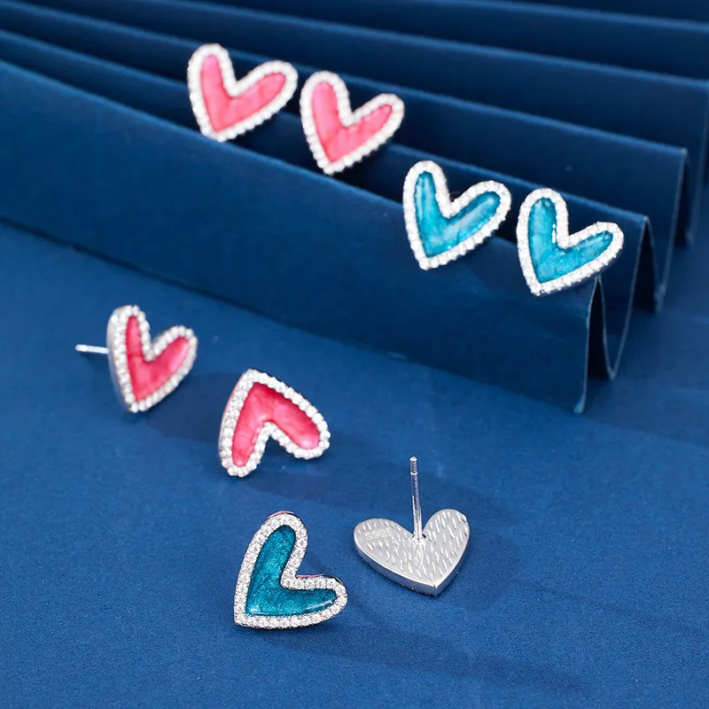 925 Sterling Silver Enamel Glitter Heart Stud Earring 40200621 - image1