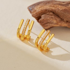 925 Sterling Silver Triple-Layer Pave CZ J-Shaped Huggie Stud Earring 40200629