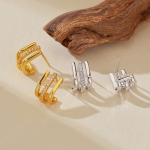 925 Sterling Silver Triple-Layer Pave CZ J-Shaped Huggie Stud Earring 40200629