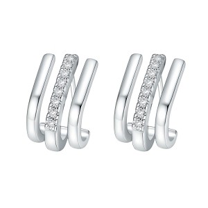 925 Sterling Silver Triple-Layer Pave CZ J-Shaped Huggie Stud Earring 40200629