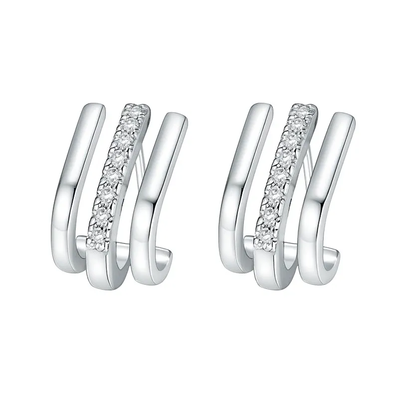 925 Sterling Silver Triple-Layer Pave CZ J-Shaped Huggie Stud Earring 40200629