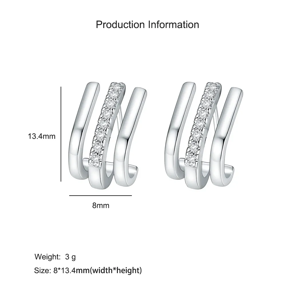 925 Sterling Silver Triple-Layer Pave CZ J-Shaped Huggie Stud Earring 40200629 - image2