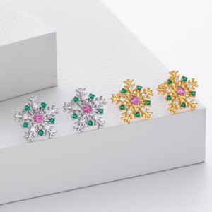 925 Sterling Silver Red Green Pave CZ Snowflake Stud Earring 40200636
