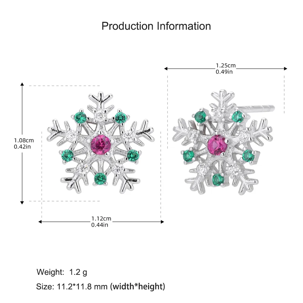 925 Sterling Silver Red Green Pave CZ Snowflake Stud Earring 40200636 - image4